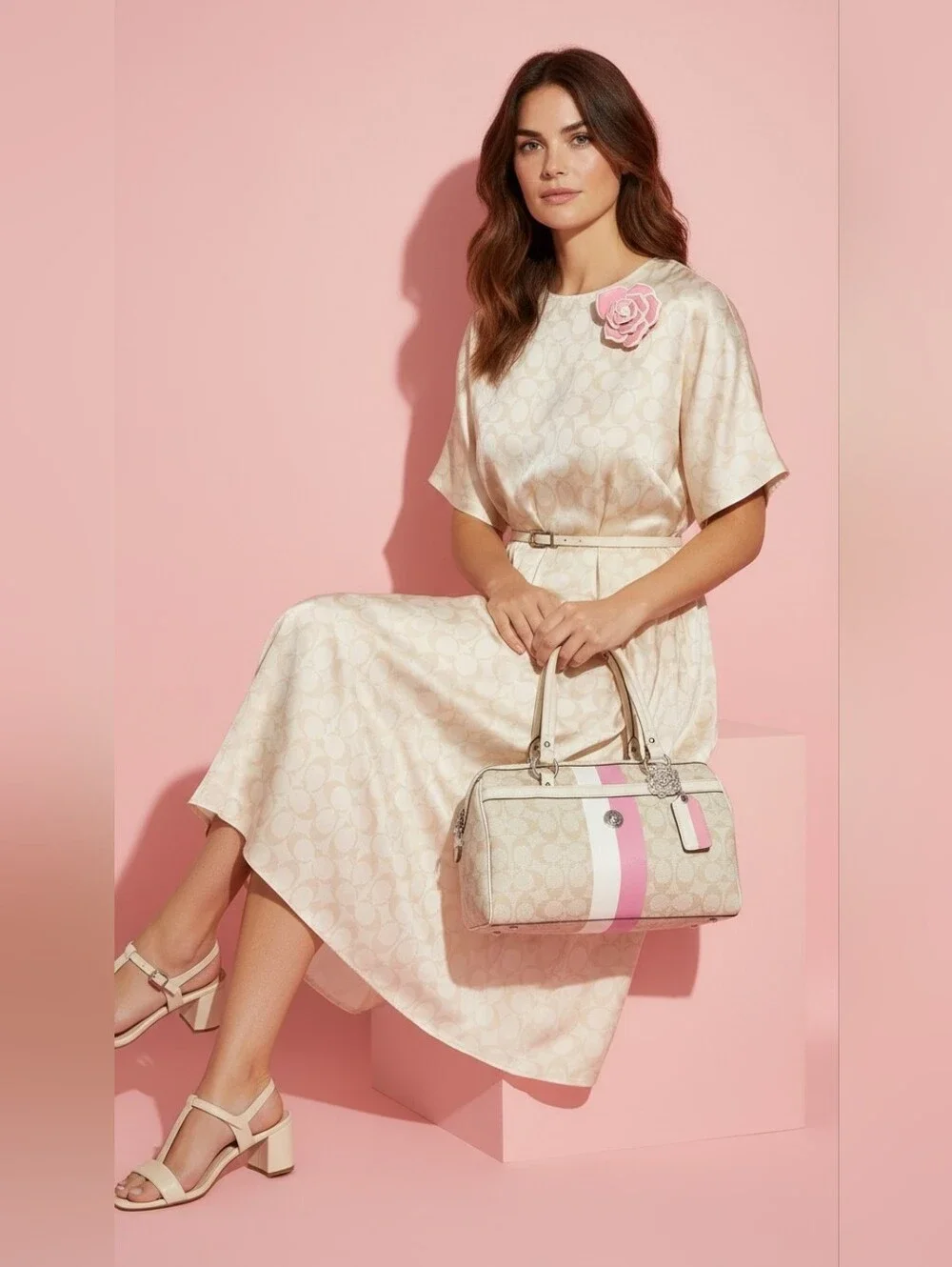 Coach Beige Signature Satchel with Pink and White Stripes